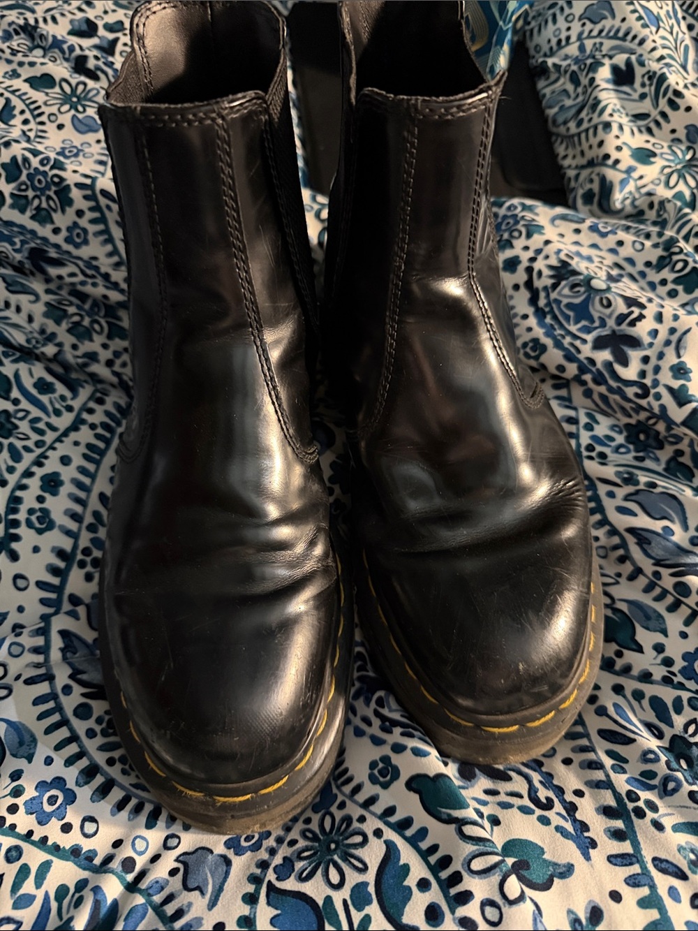 Platform Dr. Martens Black Leather Chelsea Boots with Yellow Stitching